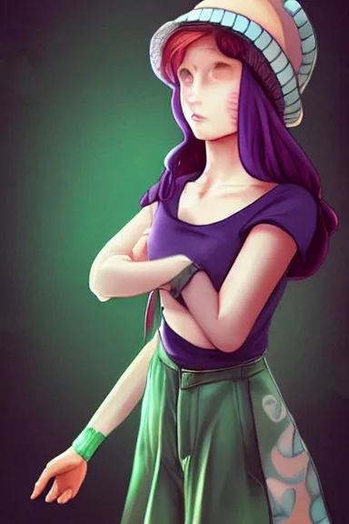 Image similar to a little girl wearing a mushroom hat in 9 0 s outfit | | purple curvy hair, pretty face, fine details, digial art by lois van baarle and sakimichan, anatomically correct, perfect composition, symmetrical, fantastic, clean details, anime character, extremely detailed, ray tracing