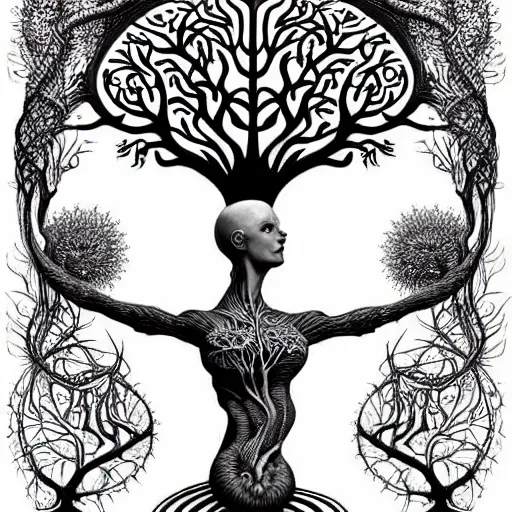 Image similar to a highly detailed tattoo outline of the tree of life shaped like a woman with arms raised, by roger dean and andrew ferez, art forms of nature by ernst haeckel, divine chaos engine, symbolist, visionary, art nouveau, organic fractal structures, surreality, detailed, realistic, ultrasharp