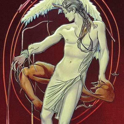 Image similar to a modern genderless reincarnation of the old selenium greek god of hunt known as artemixel the selene, myth portrayed by moebius himself with love, detail and care