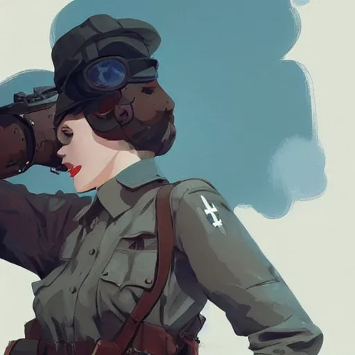 Image similar to nazi character on ww 2 by atey ghailan, by greg rutkowski, by greg tocchini, by james gilleard, by joe fenton, by kaethe butcher, dynamic lighting, gradient light blue, brown, blonde cream and white color scheme, grunge aesthetic