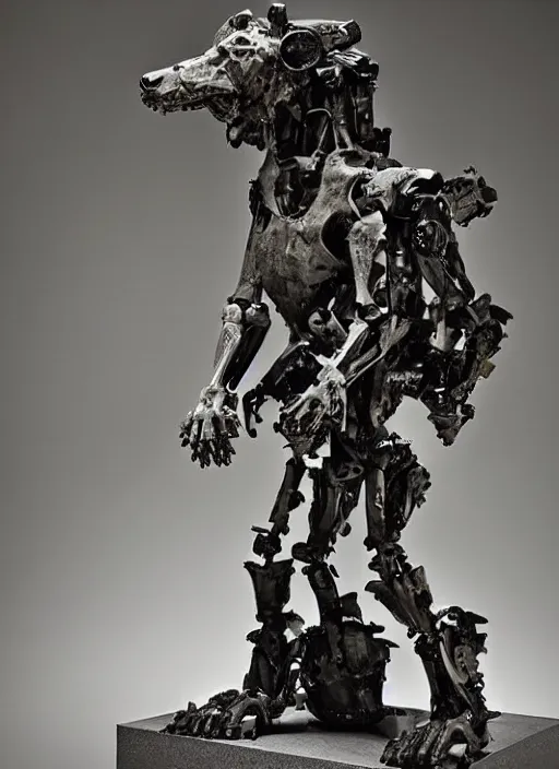 Image similar to a polished texturized granite statue of a cyber - mech hyena standing over a pile of bones, sculpted by bernini, ultrarealistic