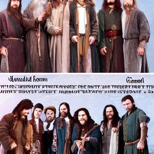 Image similar to gandalf and gimli and aragorn and boromir and legolas and samwise gamgi and frodo baggins and merri and pippin, in the style of wes anderson