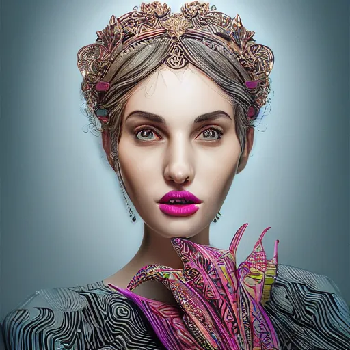 Image similar to the portrait of a ridiculously beautiful and elegant woman with a very large nose, a truly gigantic nose, an ultrafine detailed illustration, intricate linework, bright colors, behance contest winner, vanitas, angular, altermodern, unreal engine 5 highly rendered, global illumination, radiant light, detailed and intricate environment