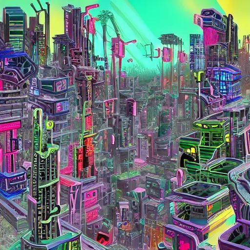 Prompt: cyberpunk city, in the style of roberto matta