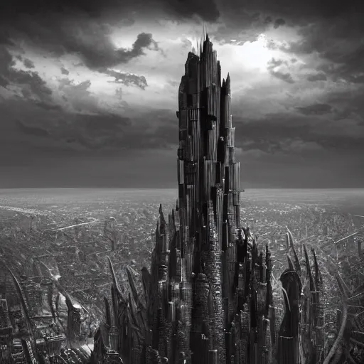 Image similar to an ultra detailed black and white matte painting of a lonely and impossibly tall ominous dark tower elevated high above the city, on an isolated plateau island in a river elevated high above the city fortress tower, fantasy capital city, ultrawide lense, aerial photography, volumetric lighting, exquisite detail, 8 k, art by artgerm and greg rutkowski and alphonse mucha