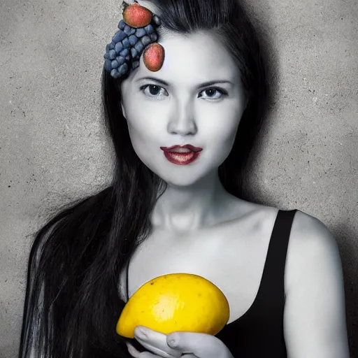 Prompt: beautiful woman as a fruit, grape, mango, banana, award winning professional portrait photography, photorealistic dystopian fututristic surrealism