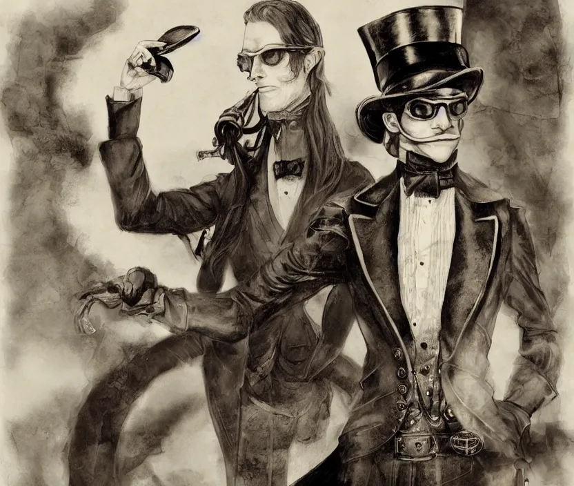 Image similar to The head and upper body of a man with dark medium length longish hair and a middle part, while wearing a top hat and goggles, steampunk, very nostalgic, very melancholic, dramatic angle, rotoscoped, rotoscope, photoshop, photomanipulation, realism, painting, illustration and sketch, weird scribbles, hybrid styles, hybrid art styles, mismatched, trending on artstation, trending on deviantart, weird, quirky, interesting, very detailed, highly detailed, HD Quality, 4k resolution, 8k resolution, in the style of David Firth, in the style of James Lee, in the style of Drue Langlois,