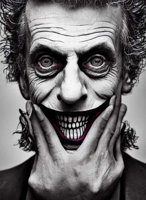 Image similar to photo of Peter Capaldi as the Joker by Lee Jeffries and Eolo Perfido, big smile, head shot, detailed, award winning, Sony a7R