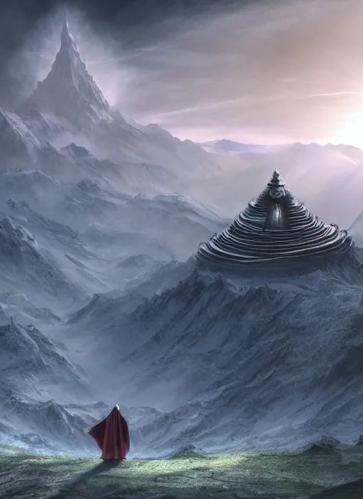 Image similar to hooded figure in lord of the rings scenery cosmic landscape, looking out at a huge tibetan temple on a mountain, god's rays, highly detailed, vivid color, cinematic lighting, perfect composition, 8 k, gustave dore, derek zabrocki, greg rutkowski, belsinski, octane render
