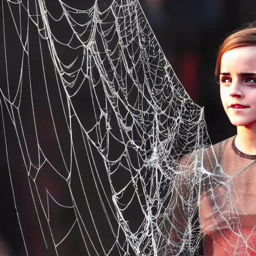 Image similar to afraid emma watson stuck and trapped in a giant spider web