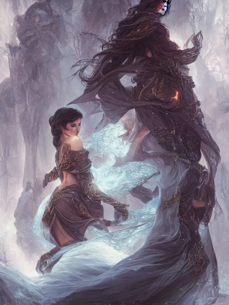 Image similar to Selena Gomez casting an frost spell, D&D, fantasy, intricate, elegant, highly detailed, digital painting, artstation, concept art, matte, sharp focus, illustration, hearthstone, art by Artgerm and Greg Rutkowski and Alphonse Mucha