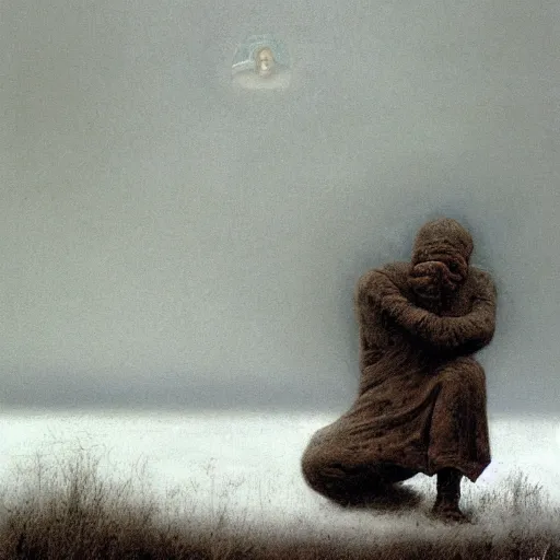 Prompt: surrealist painting, closeup of a lonely man curled up and enveloped by smoke, on a snowy post apocalyptic field, painting by beksinski