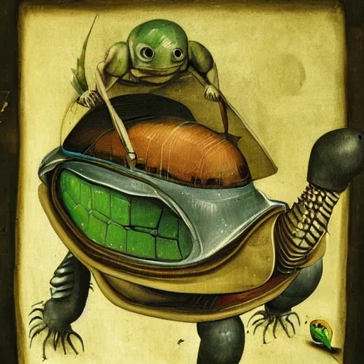 Prompt: robotic turtle, Hieronymus Bosch art style