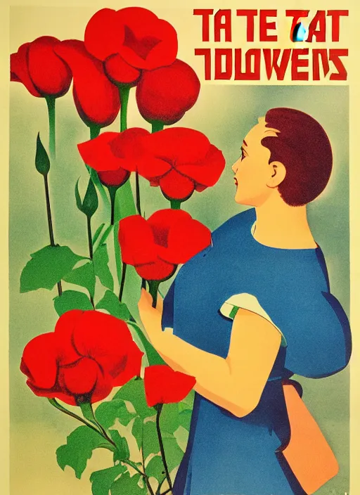 Image similar to soviet propaganda poster of phrase'tend to the flowers ', socialist realism