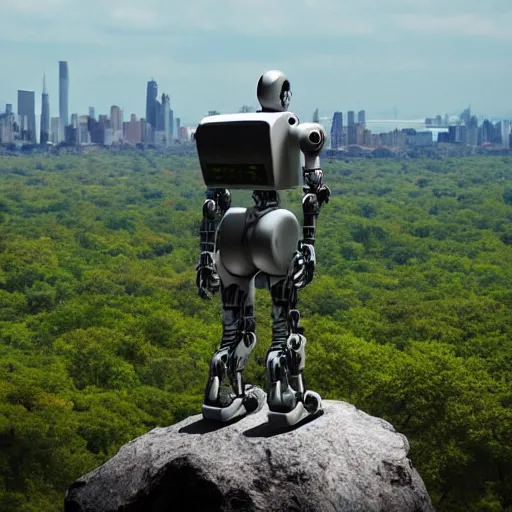 Prompt: a robot standing on a cliff, looking over an overgrown new york