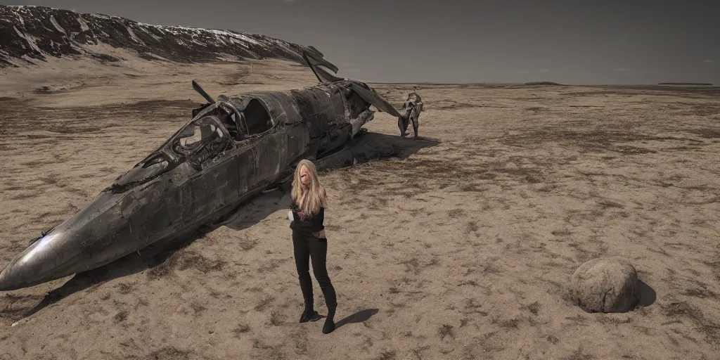 Prompt: a breathtaking photograph of windswept dunes scandinavian landscape, a beautiful woman in oscar de la rents standing beside a destroyed fighter plane + stone in center, ultra wide shot, cinematic, 8 k, dramatic lighting