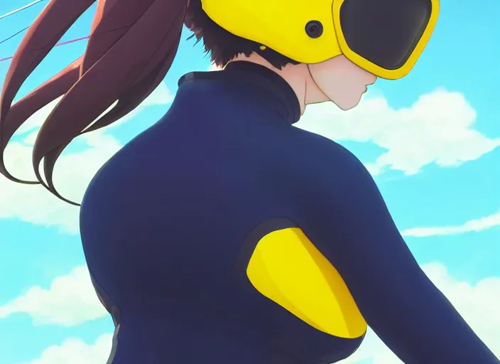 Prompt: side portrait of cute girl riding road bike, sunny sky background, lush landscape, illustration concept art anime key visual trending pixiv fanbox by wlop and greg rutkowski and makoto shinkai and studio ghibli and kyoto animation, symmetrical facial features, sports clothing, yellow helmet, nike cycling suit, backlit, aerodynamic frame, bike riding pose