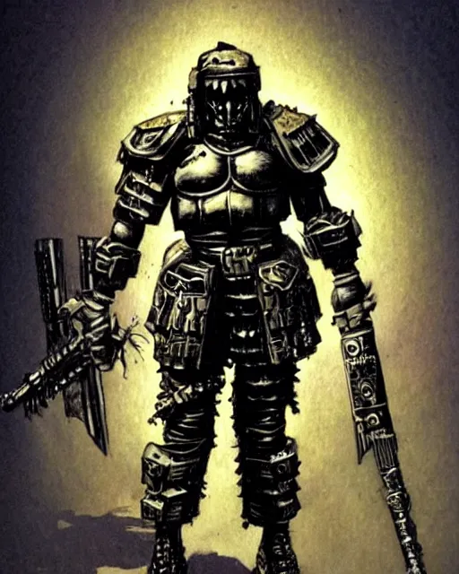 Image similar to full figure of a tech goth soldier wearing armor by simon bisley, john blance, frank frazetta, fantasy, barbarian