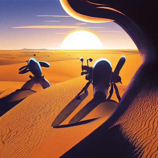 Prompt: Exploring Sand dunes on an alien planet, cinematic angle, cinematic lighting, blue sky, sun in the sky, by Syd Mead, John Harris, Federico Pelat