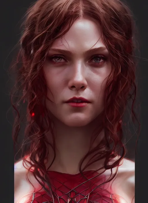 Image similar to Scarlet Witch, au naturel, hyper detailed, digital art, trending in artstation, cinematic lighting, studio quality, smooth render, unreal engine 5 rendered, octane rendered, art style by klimt and nixeu and ian sprigger and wlop and krenz cushart