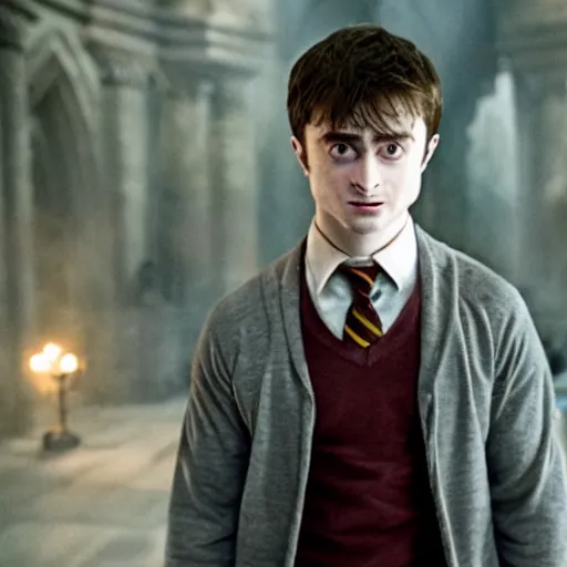 Image similar to Daniel radcliffe as harry potter, epic wide shot, cinematic shading, widescreen, motion blur, warm colors, directed by Christopher Nolan and Asher Duran