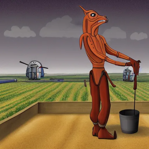 Image similar to jar jar binks working on his dairy farm, digital art