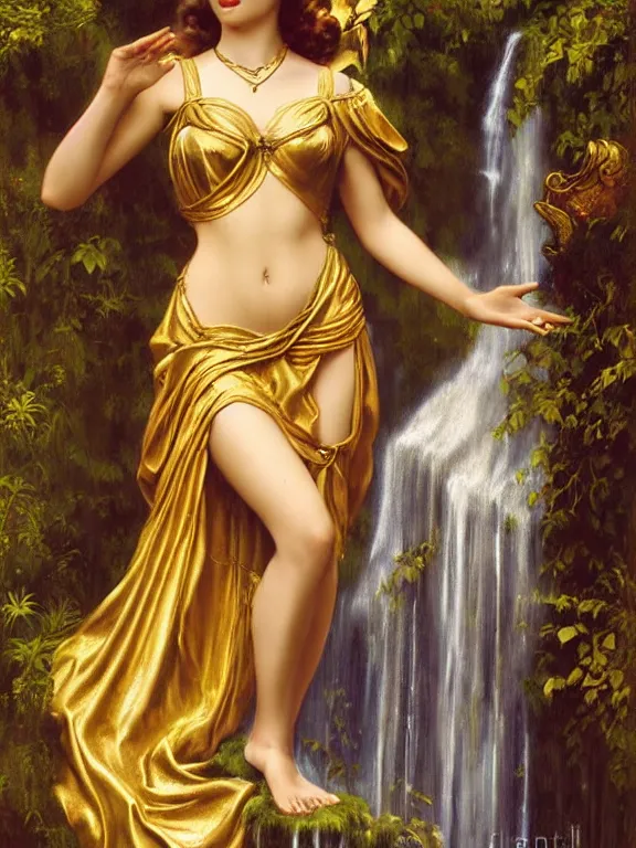 Image similar to Ana de armas as the Roman goddess of the waterfall, a beautiful art nouveau portrait by Gil elvgren, Roman temple environment, centered composition, defined features, golden ratio, gold jewlery, photorealistic professional lighting, cinematic