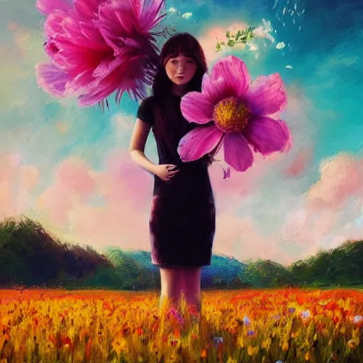 Image similar to girl with an blooming flower for a face, surreal photography, dream, standing in flower field, magical, in a valley, sunrise dramatic light, impressionist painting, colorful clouds, artstation, simon stalenhag, exploding flower face