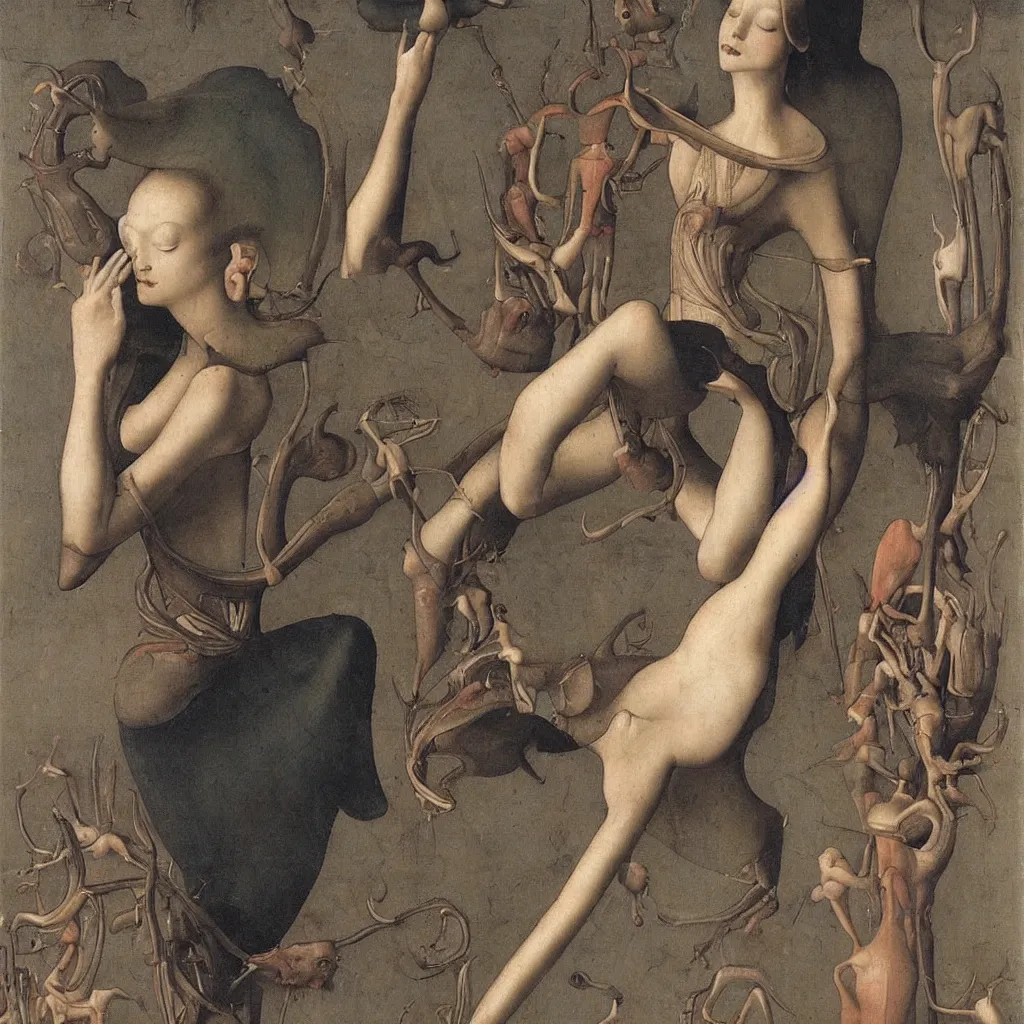 Image similar to a graceful detailed ballerina leaving a chromatic trail of smoke by h. r. giger, by hans memling