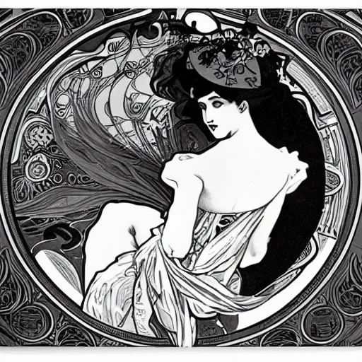 Image similar to black and white illustration by alphonse mucha 8k