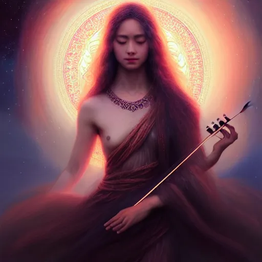 Image similar to a high quality life like portrait of a very very beautiful! celestial goddess of life playing a mystical violin and springing life into the universe, highly detailed, cinematic lighting, intricate, sharp focus, fantasy, mystical, dreamlike, exotic, realistic, by WLOP and greg rutkowski, trending on artstation