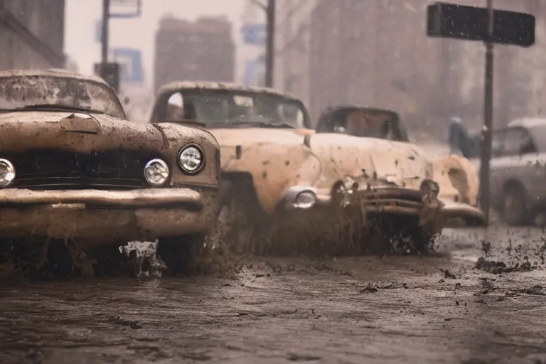 Prompt: street photography by saul leiter, in a muddy new york street, award winning photo of an ultra detailed perfect quality dirty vintage ford car speeding very fast on mud, fast shutter speed, motion blur, tiny gaussian blur, highly detailed, highly intricate, depth of field, trending on top gear