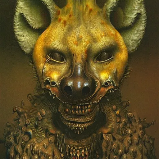 Prompt: horrific grotesque hyena and calculator hybrid, beksinski style painting, highly detailed