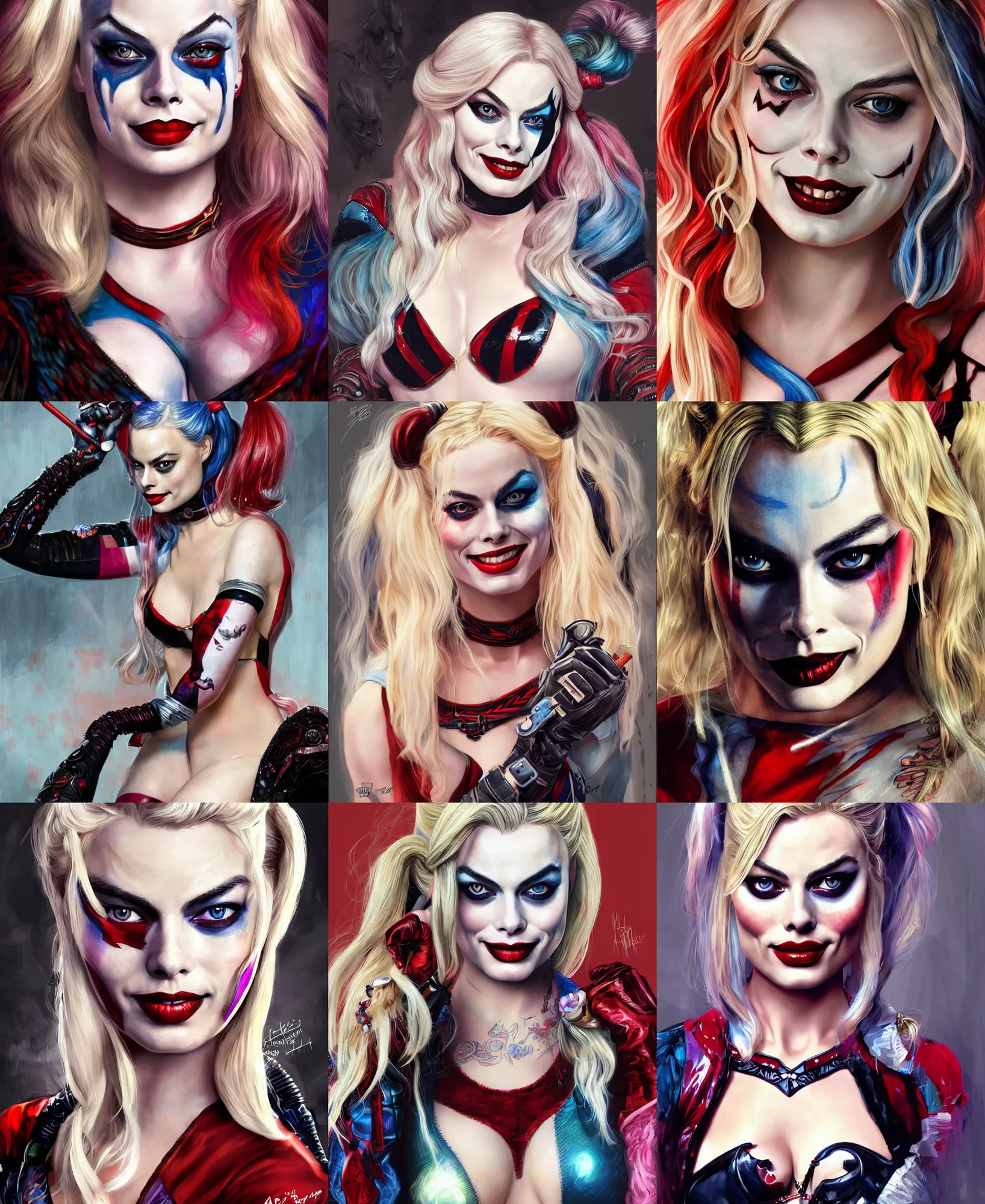 Prompt: Margot Robbie as Harley Quinn, cute, fantasy, intricate, elegant, highly detailed, digital painting, 4k, HDR, concept art, smooth, sharp focus, illustration, art by artgerm and H R Giger and alphonse mucha