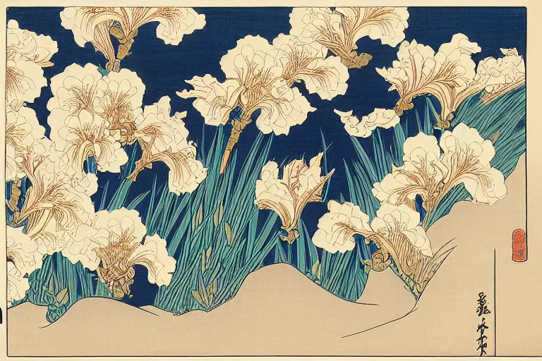 Image similar to a beautiful and hyperdetailed ukiyo - e drawing of tangled irises and flowers by katsushika hokusai, in style by utagawa kuniyoshi and utagawa hiroshige, japanese print art, intricate, elegant, complex, 4 k