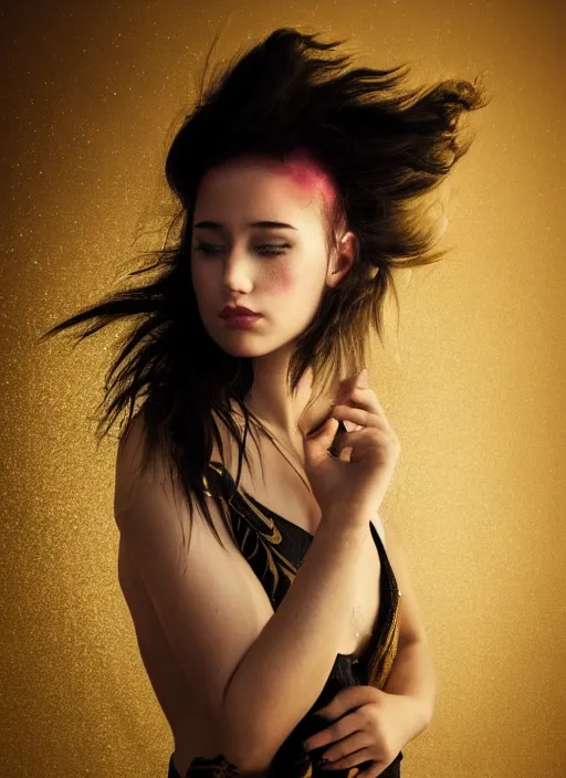 Image similar to a dramatic lighting photo of a beautiful young woman with cotton candy hair. gold splashes. moody, melanchonic. with a little bit of gold and black