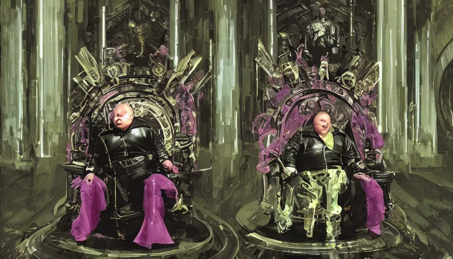 Image similar to shaun ryder as baron harkonnen wearing a leather spacesuit and sitting on a throne in the throne room on guidi prime, dark warriors stand in the background, beautiful green and pink marble pillars, by normal rockwell and john berkey, photoreal, science fiction character concept art, artstation