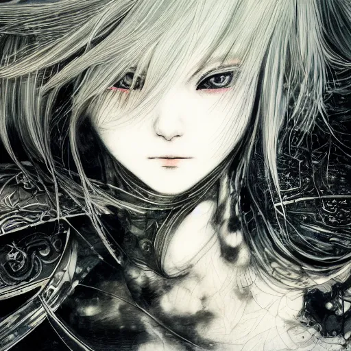 Image similar to Yoshitaka Amano realistic illustration of an anime girl with black eyes, wavy white hair fluttering in the wind and cracks on her face wearing Elden ring armour with engraving, abstract black and white patterns on the background, noisy film grain effect, highly detailed, Renaissance oil painting, weird portrait angle, blurred lost edges, three quarter view