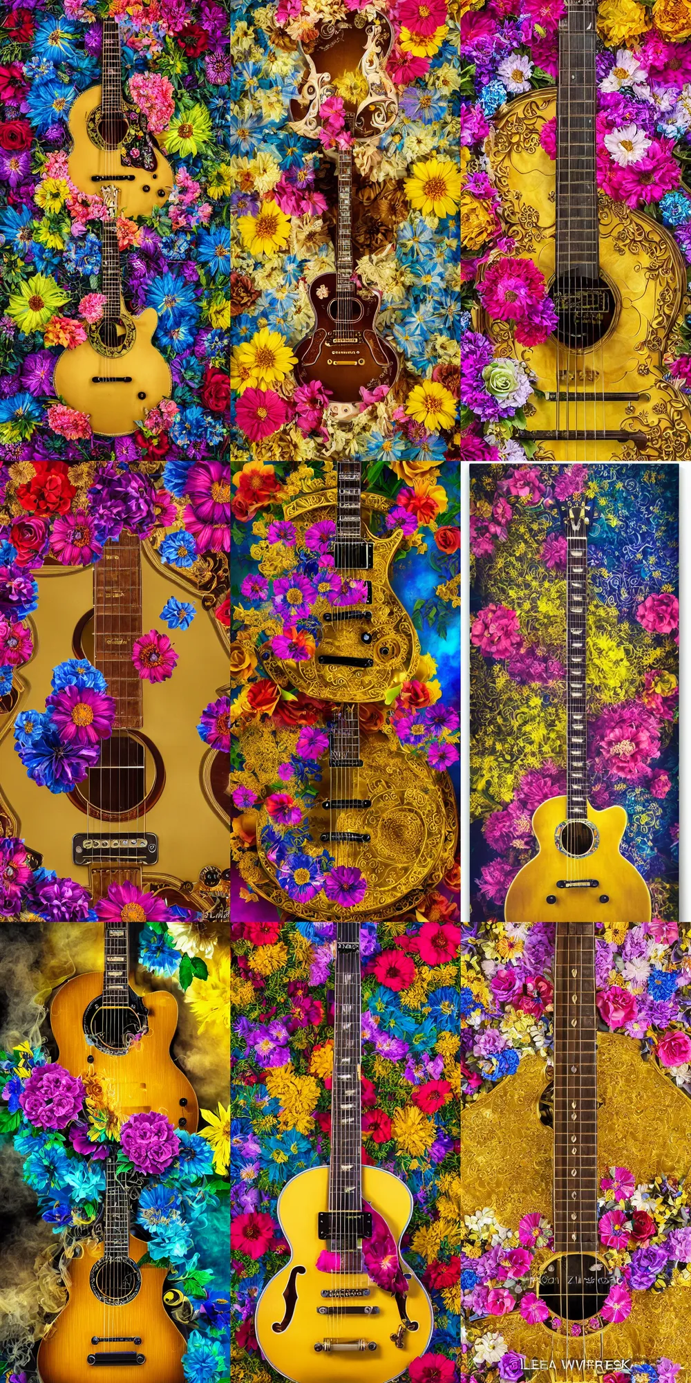 Prompt: high intricate detailed commercial photo of a gibson electric guitar covered in colorful flowers and smoke, golden ratio, rule of thirds, flowerpunk, majestic, elegant, by lea leonowicz, by maks trofimov, by jenny brozek, by johannes wessmark