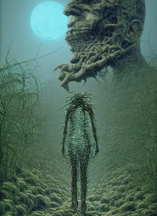 Prompt: blockchain headquater mother ginoid by zdzislaw beksinski and hajime sorayama lush plants and spiky bones everywhere, the moon is big as a the city, high fashion, magic details, by james jean, hd, 8 k, trending on artstation, uhd