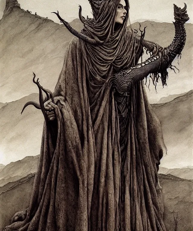 Image similar to A detailed horned snakewoman stands among the hills. Wearing a ripped mantle, robe. Perfect faces, extremely high details, realistic, fantasy art, solo, masterpiece, art by Zdzisław Beksiński, Arthur Rackham, Dariusz Zawadzki