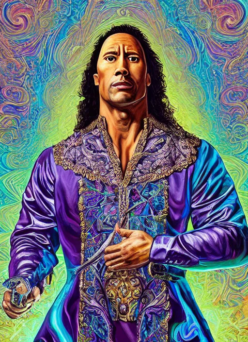 Image similar to beautiful oil painting, portrait of Dwayne the rock Johnson as Louis xiv in coronation robes 1701, Dan Mumford, Dan Mumford, Alex grey, Alex grey, lsd visuals, dmt fractal patterns, entheogen, psychedelic, hallucinogen, highly detailed, ornate, vaporwave