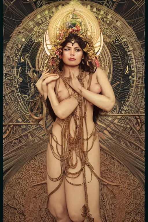 Prompt: an immaculate render of a tribal goddess adorned with leaves and cables and bird wings posing in a temple surrounded by wild tentacles made from mandalas and incense smoke, full body, perfect face, powerful, cinematic, beautifully lit, by artgerm, by alphonse mucha, by karol bak, 3 d, trending on artstation, octane render, 8 k