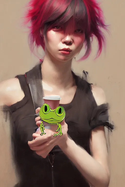 Image similar to portrait of a punk girl on a date with pepe! the frog! drinking coffee in the style of fenghua zhong and ruan jia and jeremy lipking and peter mohrbacher, extremely detailed digital painting, 8 k, natural lighting