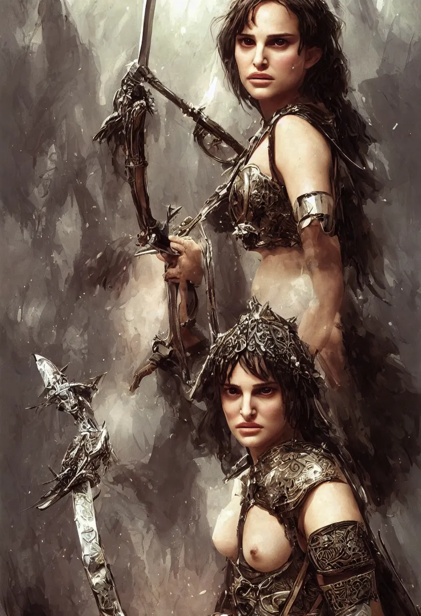 Image similar to young natalie portman as mathilda, legendary warrior, heroic fighter, lord of the rings, tattoos, decorative ornaments, battle armor, by omar ortiz, carl spitzweg, ismail inceoglu, vdragan bibin, hans thoma, greg rutkowski, alexandros pyromallis, perfect face, fine details, realistic shading photorealism