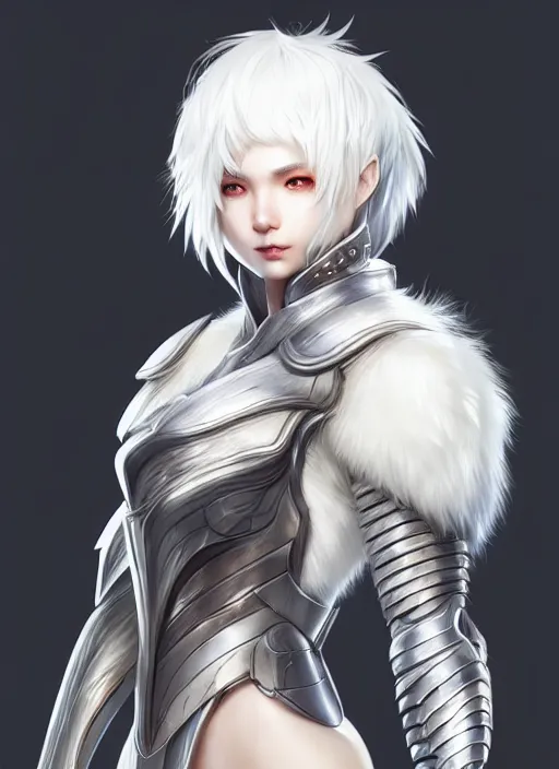 Image similar to fur - lined armor!!! beautiful and elegant white haired female!! gorgeous ayes!! character concept art, sharp focus, octane render! unreal engine 5! highly rendered!! trending on artstation!! detailed linework!! illustration by artgerm, wlop, and chie yoshii