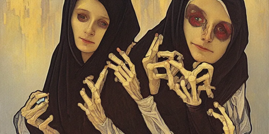 Image similar to a Masterpieces portrait of a skeleton nun in the style of Alphonse Mucha,Realistic style,oil on canvas