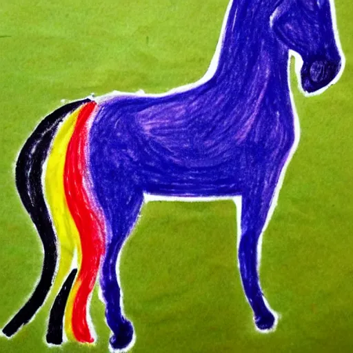 Image similar to child's drawing of a 3 - legged horse and the horse's tail is rainbow