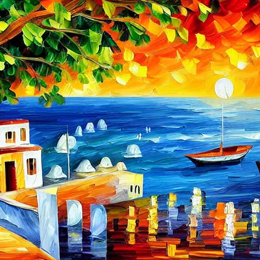 Image similar to beautiful seaside greek village in the style of leonid afremov