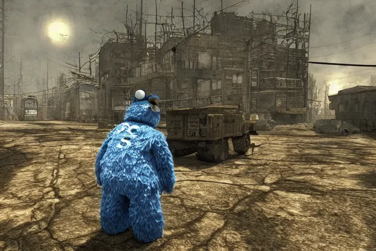 Prompt: “ a screenshot of cookie monster in s. t. a. l. k. e. r. : shadow of chernobyl ”
